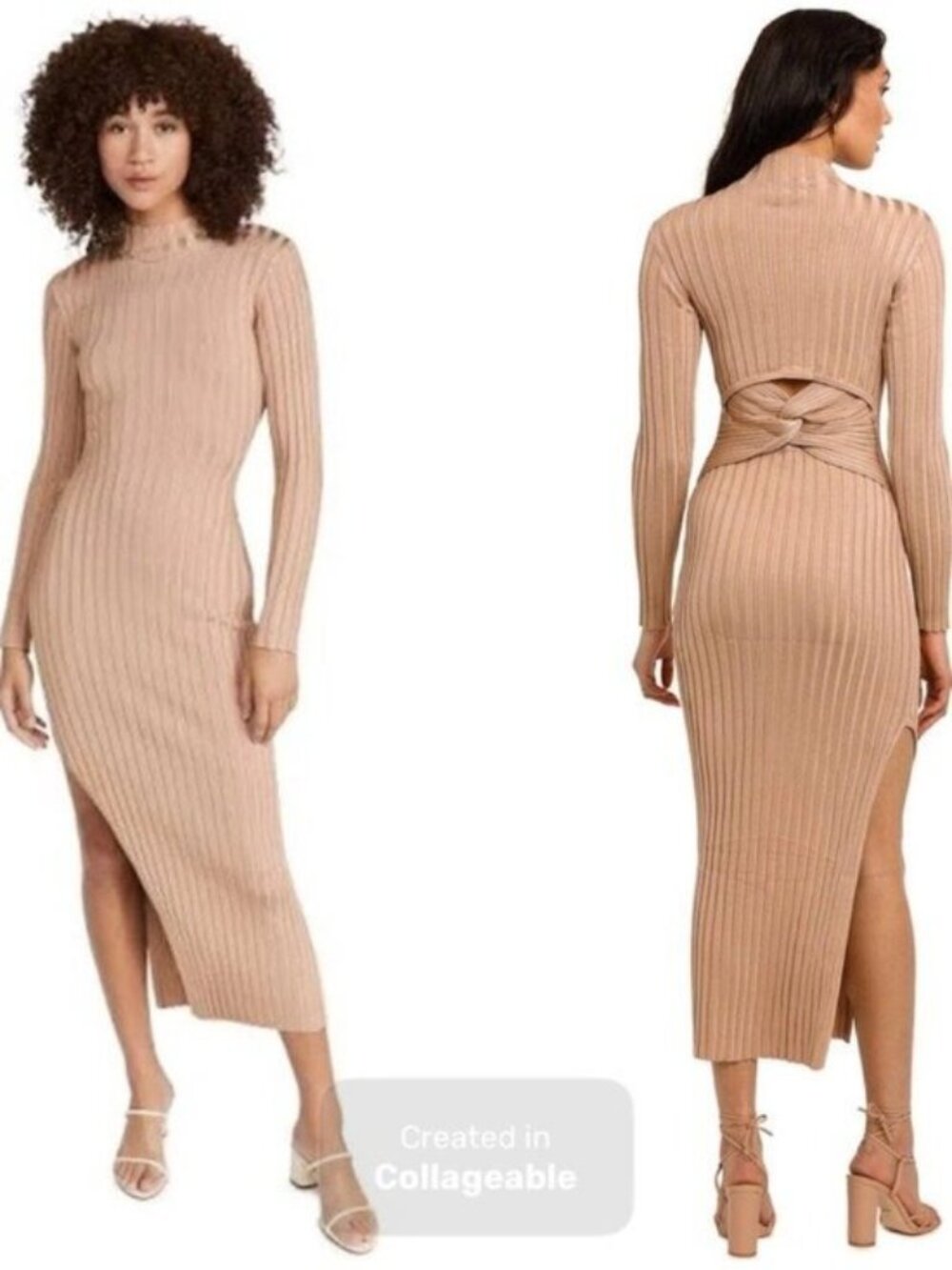 Anthropologie Feminine Ribbed Slit Dress Neutral Cut Out Party Chic Stretch